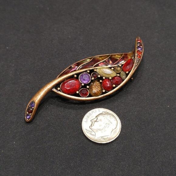 Vintage Liz Claiborne Leaf Rhinestone Brooch, Red Rhinestones, Copper, 2 7/8" - Picture 7 of 8